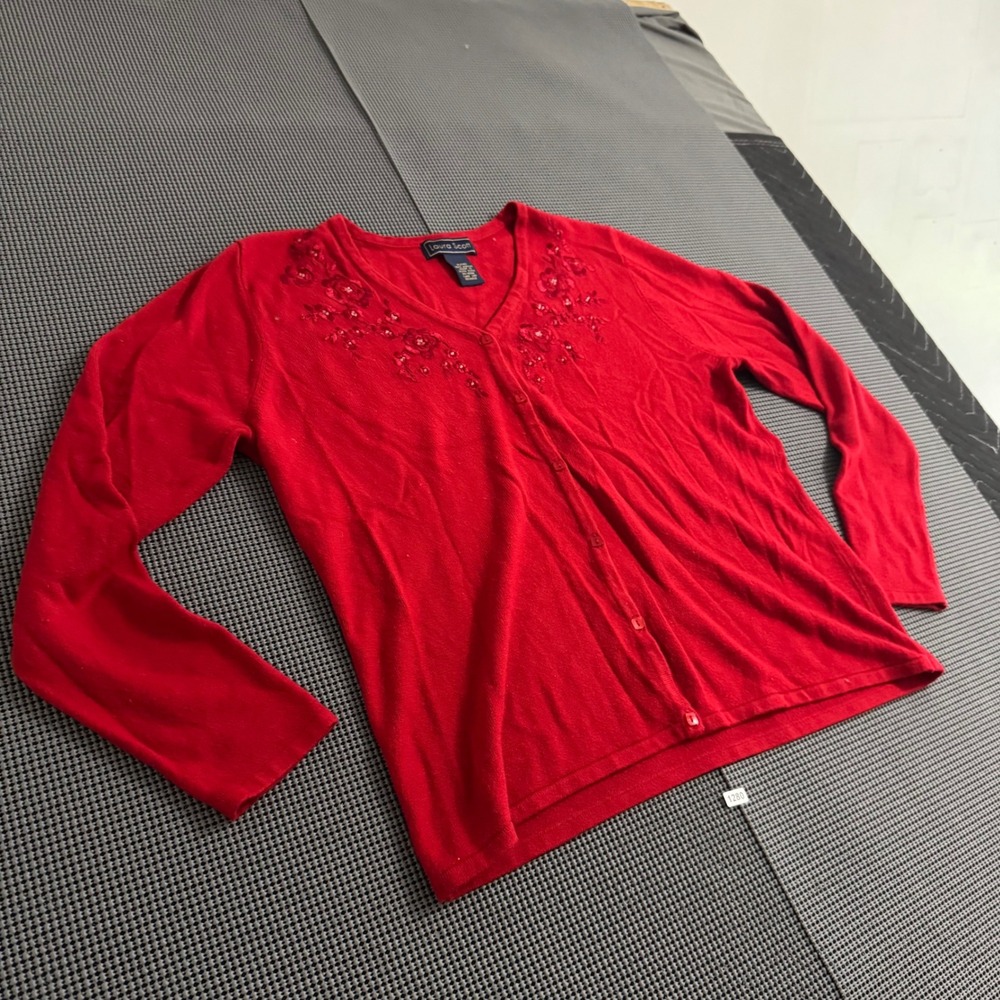 Laura Scott Red Floral Embroidered Beaded V-Neck Cardigan Sweater Womens XL - Picture 1 of 5